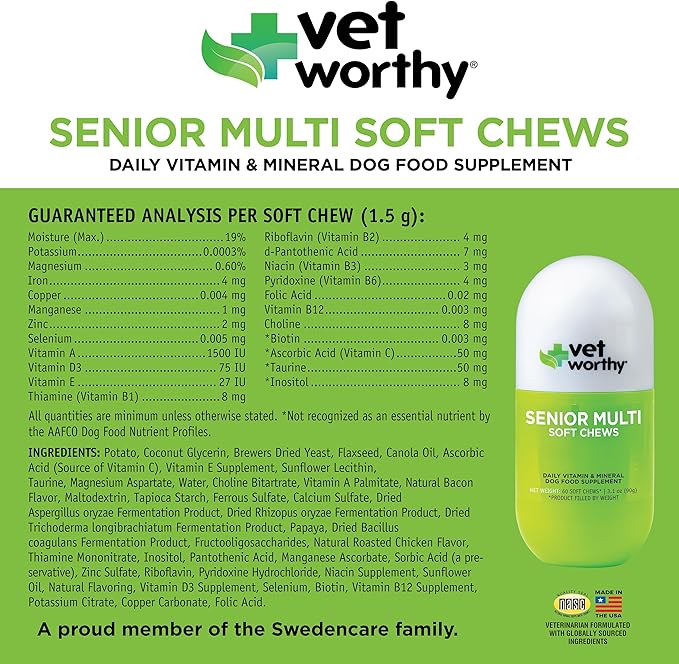 Vet Worthy Senior Multi Soft Chews - Daily Multivitamin for Dogs - Supports Longevity, Mobility & Vitality - Senior Dog Multivitamins Chewable for Skin and Coat Health - Multi Vitamins for Dogs -60 Ct