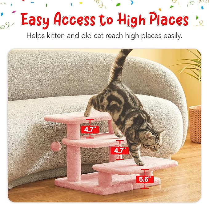 15''H Multi-Step Pet Stairs for High Beds & Sofas, 3-Step Cat Stairs with 2 Toy Balls, Wide Boards for Indoor Kittens Dogs Pets Climbing, Pink