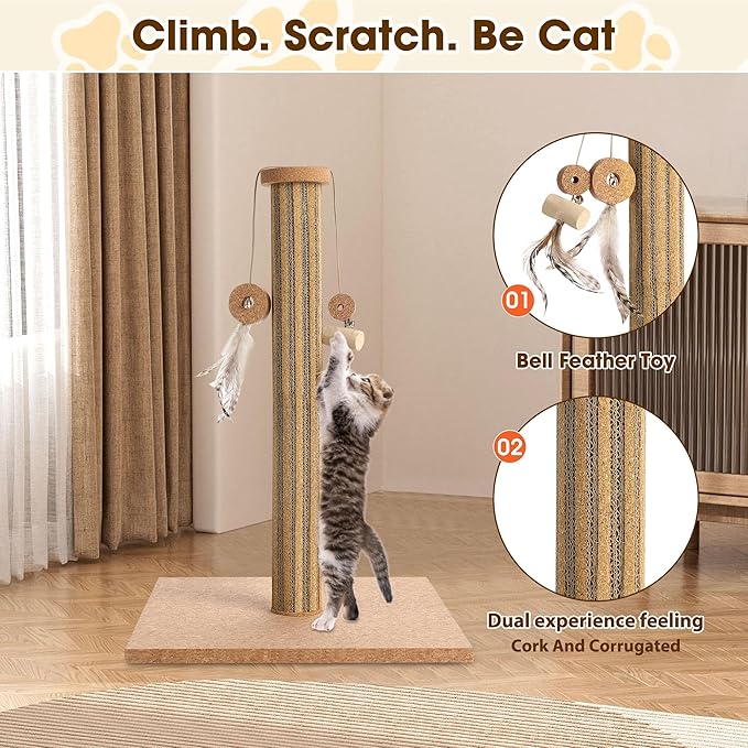Natural Cork Vertical Cat Scratching Post-Cork-cat Scratcher with Feather Toy-cat Tree-cat scratchers for Indoor Cats Toys Stable Base-Eco-Friendly-Safe-Noise-Reducing for Claw Health-Home Decorate