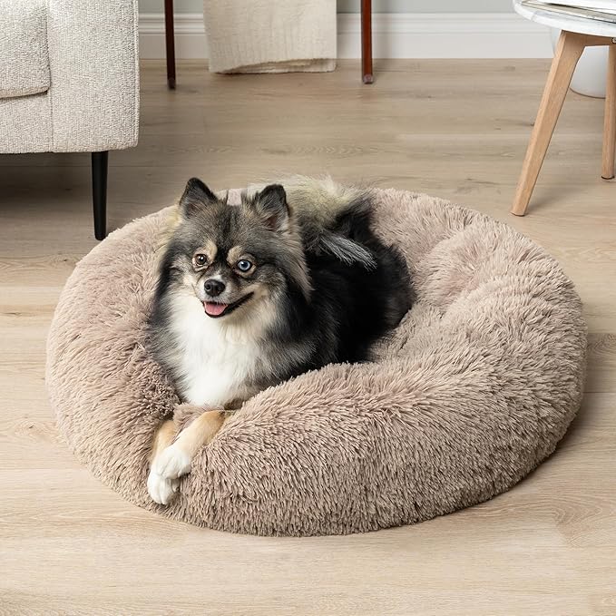 PetAmi Calming Dog Bed for Small & Medium Dogs and Cats, 23 Round Donut Dog Bed, Washable Fluffy Faux Fur Puppy & Cat Bed, Anti-Anxiety Plush Cuddler Pet Bed with Anti-Slip Bottom - Taupe