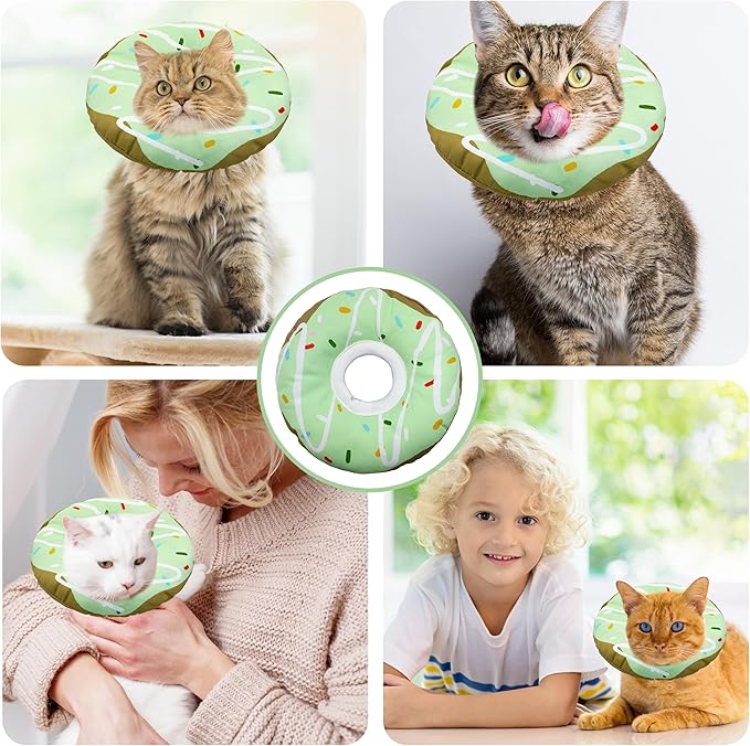 Seyezo Cat Cone Collar Soft, Adjustable Cat Recovery Collar Kitten Cones to Stop Licking, Cute Donut E Collar After Surgery, Cats Neck Pillow Cone Elizabethan Cones of Shame (Waterproof Green, Medium)