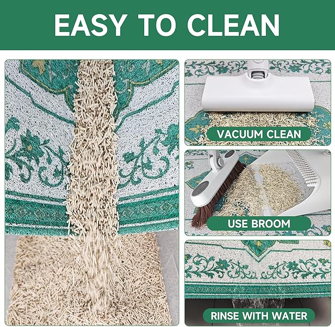 Cat Litter Mat, 35" x 23" Litter Box mat, Traps 100% Litter, Non-Slip Kitty Litter Trapping mats, Large Cute Litter mat, Easy Clean for Scatter Control, Bohe cat Food mat, Urine Waterproof