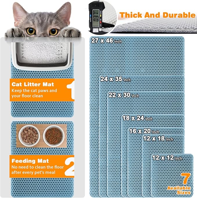 Waterproof Cat Litter Mat, Double Layer EVA, Odor-Free Large Grid, Urine Proof, Easy Cleanup (Blue, 27 x 46)