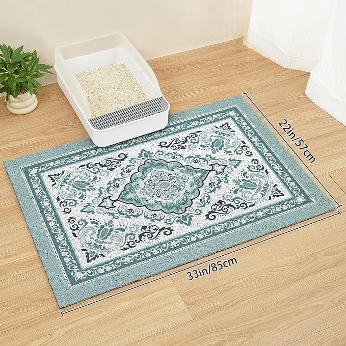 Unicorn Catcher Cat Litter Mat 33" x 22" Non-Slip Litter Box Mat Washable Litter Catcher Mat for Litter Box Indoor Food Mat Supplies Essentials, Dark Cyan