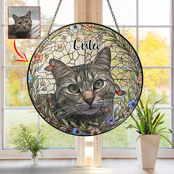 Custom Pet Memorial Sun Catcher, Glass Window Hanging with Photo, Floral Tribute Keepsake, Sympathy Gift for Dog or Cat Loss 2