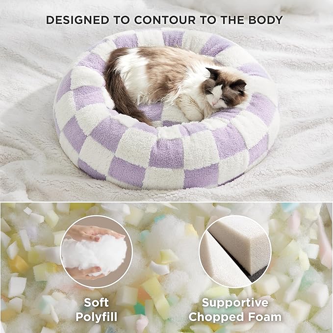 LE SURE Shown on TV Cat Beds for Indoor Cats - Round Donut Small Dog Bed Calming Gift for Pets, Cute Modern Home Decor Beds with Jacquard Shaggy Plush & Anti Slip Bottom, 20 Inch, Purple