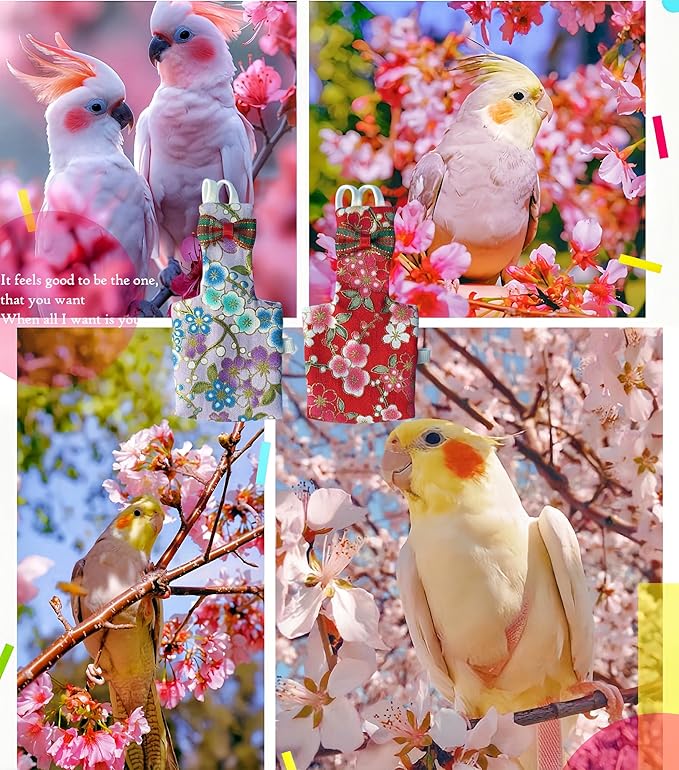 2Pcs Bird Diapers Bird Harness Flight Suits with 80in Flying Leash Reusable Parrot Nappy with Waterproof Inner Layer Urine Wet Suite for Cockatiel Budgie Conure Parakeet Lovebird-Red&Purple