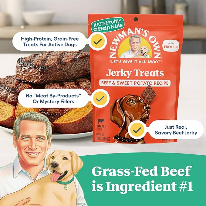 Newman's Own Beef & Sweet Potato Jerky Dog Treats, 5 oz Bag (Pack of 6) — High Protein, Grain Free, Grass-Fed as Beef First Ingredient, Chewy Wholesome Training Rewards