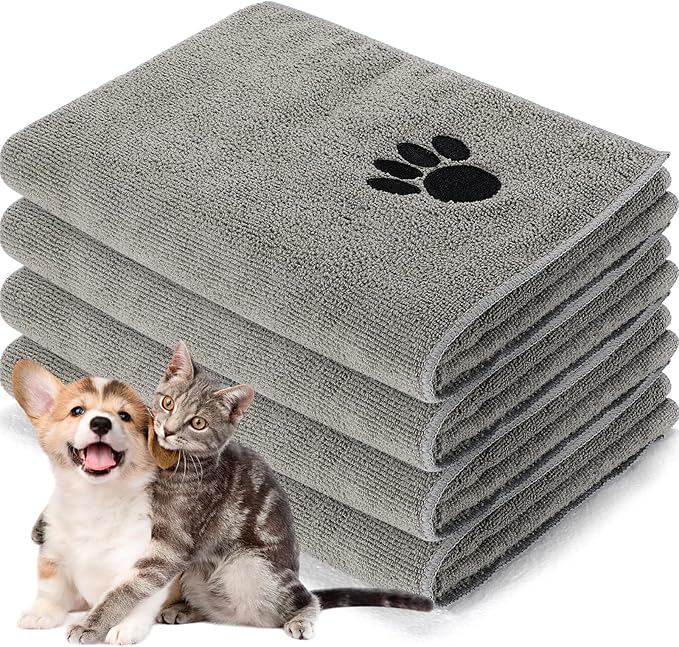 Chumia 4 Pack Dog Towels for Drying Pet Grooming Absorbent Dogs Soft Microfiber Quick Drying Winter Large Medium Small Puppy Bath Towels for Kitten Cats Pets(16 x 31 Inch,Gray)