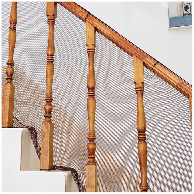 Baby Gates for Stairs with Banister, Guard Safety Net for Baby, 10ft x 3ft Stair Railing Mesh Barrier for Kids, Cats, Dogs, Child Safety Rail Guard - Dark Brown