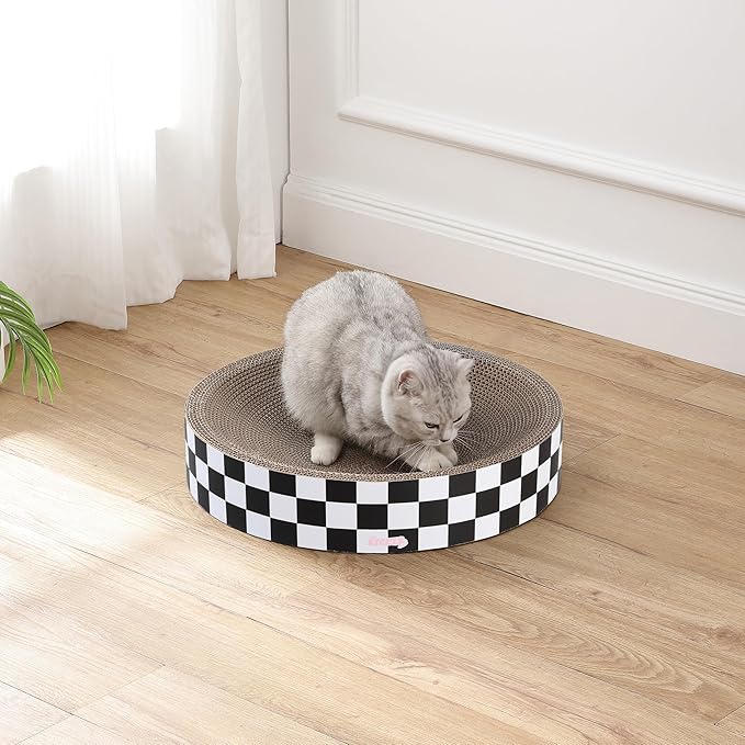 CSR1010F Nelson 20.13" Modern Cardboard Round Bowl Cat Scratcher with Catnip, Checkered