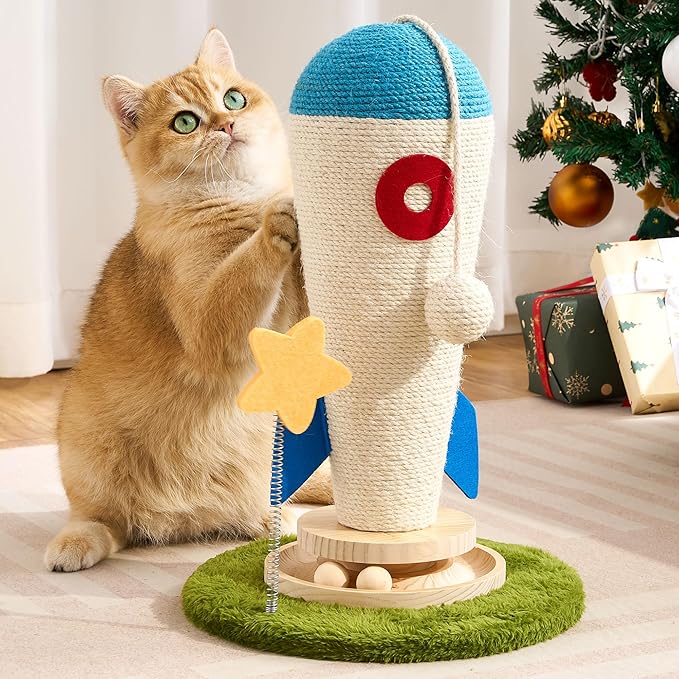 Cat Scratching Post, Rocket Cute Sisal Cat Scratcher with Durable Solid Wood Turntable Toy, Cat Scratch Post Red Cat Scratcher with Spinning Star Toy for Indoor Adult Cats