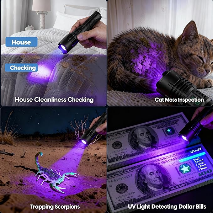2-in-1 UV Flashlight 365nm & High Lumens LED, 5000mAh Rechargeable Tactical Torch, Zoomable Black Light for Pet Urine Detector, Rock Hunting, Resin Curing, Scorpions