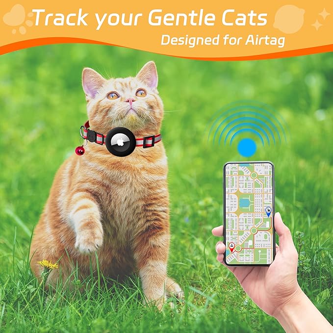 Cat Collar with Air Tag Holder, Reflective Kitten Collar with Bell, Breakaway Airtag Cat Collar for Boys Girls Cats, GPS Tracker for Cats 0.4’’ Width Adjustable Safe Kitty Collar, Red