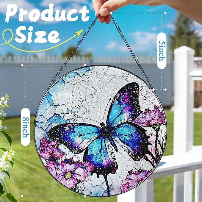 8 Inch Stained Glass Suncatcher Ornament, DOUHASU Butterfly Sun Catchers Indoor Window, Stained Glass Window Hanging, Home Decor, Butterfly Lovers Gifts for Her, Women, Mom, Grandma, Friend
