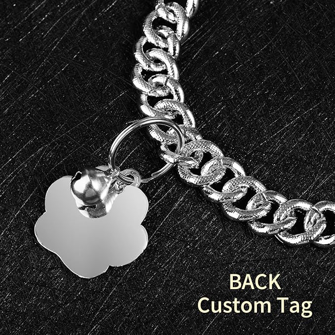 Hillban Cat Collar Diamond Chain Glitter Collar Walking Metal with Secure Buckle Cat Pet Necklace with Paw Charm and ID Tag Bell Link Cuban Jewelry Accessories Gift(8 Inch,Silver)