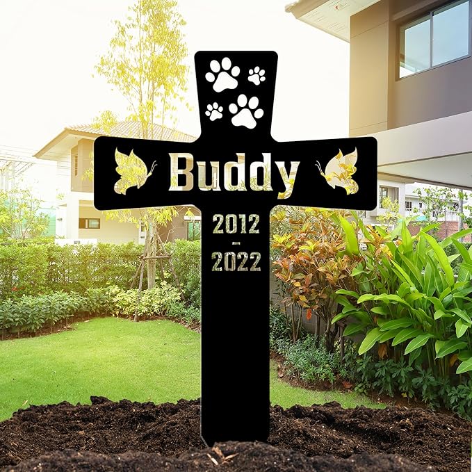 Custom Pet Paws Memorial Cross, Personalized Dog Metal Stake for Cemetery Yard, Sympathy Grave Marker with Paws, Memorial Plaque Cemetery Garden Stake