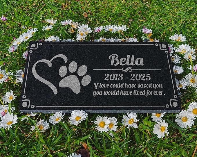 Pet Grave Marker Memorial Personalized Dog Paw Heart Pet Headstones Custom Engraved Absolute Black Granite Garden Plaque Engraved with Dog Cat Name Dates