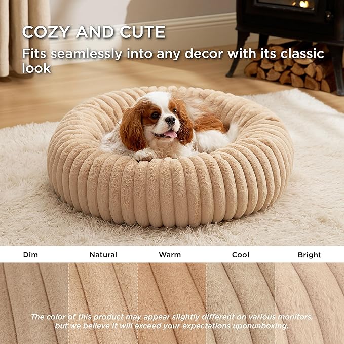 Bedsure ComfyFleece Donut Medium Dog Bed - Washable Faux Fur with Corduroy Fleece & Anti Slip Bottom, Round Pet Bed with Removable Cover,Sandy Beige,30x30x8 inches