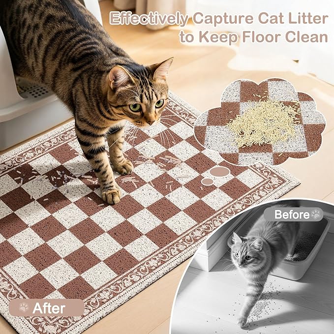 Bienbee Cat Litter Mat, 33" x 22" Waterproof Litter Box Mat Litters Rug with Non-Slip Bottom, Easy to Clean Litter Trapping Mat for Cat,Light Beige Checkerboard L
