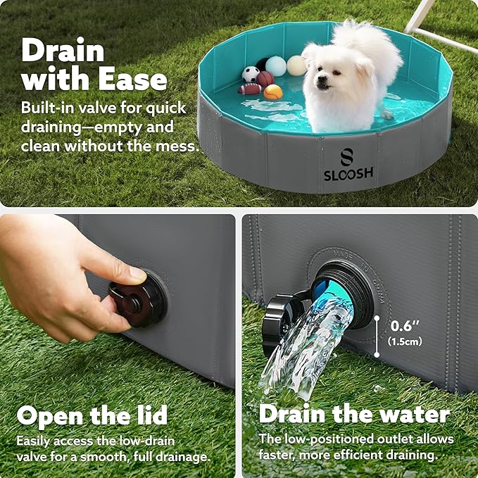 Sloosh Foldable Dog Kiddie Pool - Portable Hard Plastic Doggie Swimming Pool, Anti-Slip Collapsible Pets Bath Tub Suitable for Kids Toddler Indoor Outdoor Backyard Use (Gray, 32" x 8")