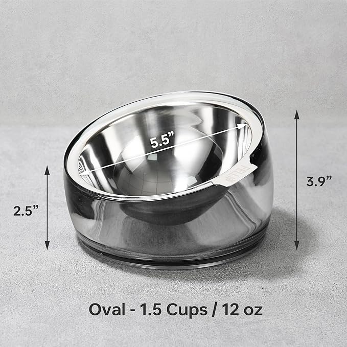 Felli Pet Oblik Acrylic Raised Dog Food Water Bowl Stainless Steel Slanted Oval Dish for Short Leg Puppy & Small Medium Pet, Elevated Tilted Metal Feeder (Smoky, 1.5 Cups Oval Dish)