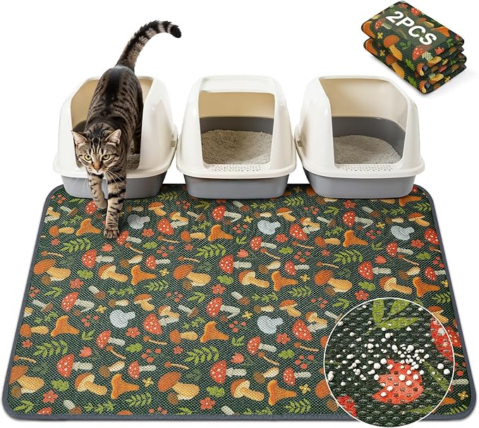 Unicorn Catcher 40X30in 2packCat Litter Mat Machine Washable Soft 3D Air Mesh Litter Box Rug Non-Slip Backing Quick Dry Scatter Control for Paws,Green Mushrooms