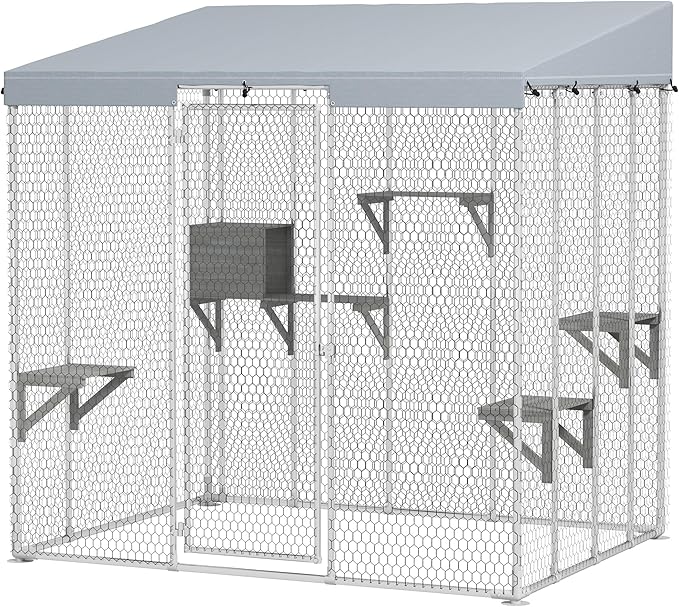 PawHut Catio Outdoor Cat Enclosure, 79" Large Walk-in Cat House with Waterproof Cover, Resting Boxes, 5 Jumping Platforms, Chicken Run Coop, Rabbit Hutch, Feral Cat Shelter Sloped Roof
