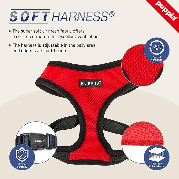 Puppia Soft Dog Harness No Choke Over-The-Head Triple Layered Breathable Mesh Adjustable Chest Belt and Quick-Release Buckle, Brown, Small