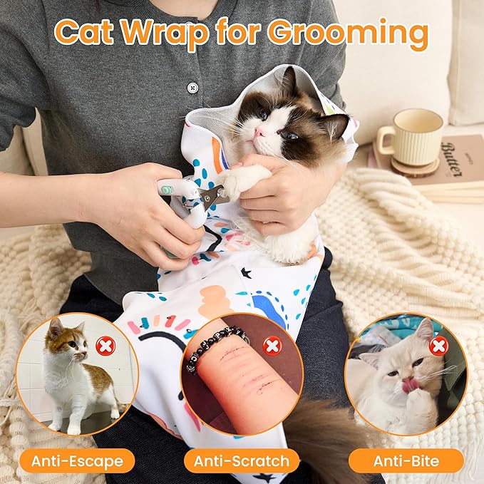 17.7'' Cat Grooming Wrap for Cutting Nails Self-Adhesive Soft Polyester Fabric Swaddle Wrap for Cats Anti-Scratch Anti-Escape Restraint for Nail Clipping Pet Cleaning and Beauty (Versatile Cat,M)