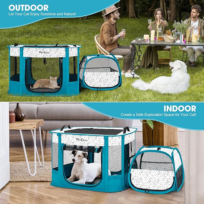 Portable 2-in-1 Dog playpen, Outdoor Cat Playpen with Litter Box Area for Indoor Cats Enclosed Rabbit Puppy Hamster Indoor/Outdoor Cats Enclosure Cages Tent (Peacock Blue)