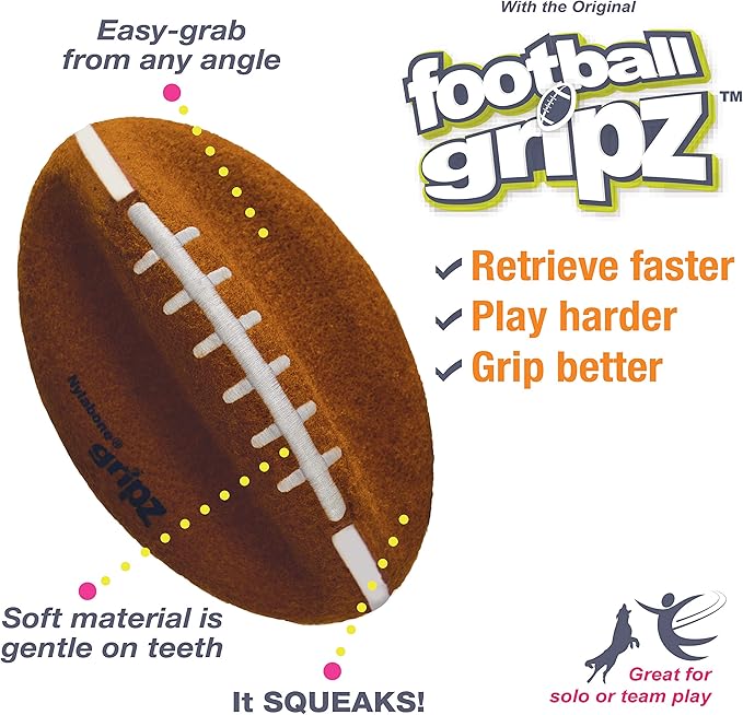 Nylabone Power Play Felt Football Gripz Fetch Toy, Squeaky Ball Chew Toy for Dogs, Medium (1 Count)
