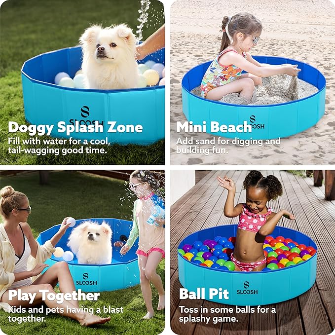 Sloosh Foldable Dog Kiddie Pool - Portable Hard Plastic Doggie Swimming Pool, Anti-Slip Collapsible Pets Bath Tub Suitable for Kids Indoor Outdoor Backyard Use (Blue, 32" x 8")