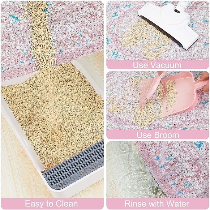 Bienbee Cat Litter Mat, 33" x 22" Waterproof Litter Box Mat Litters Rug with Non-Slip Bottom, Easy to Clean Litter Trapping Mat for Cat,Pink-Green Datura L