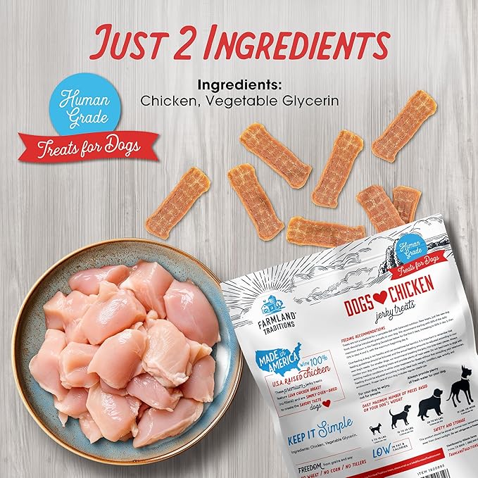 Farmland Traditions Dogs Love Chicken Jerky Dog Treats, Premium Two-Ingredient Dog Jerky with USA-Raised, Human-Grade Chicken & No Antibiotics Ever, 1 Pound (Pack of 1) Bag