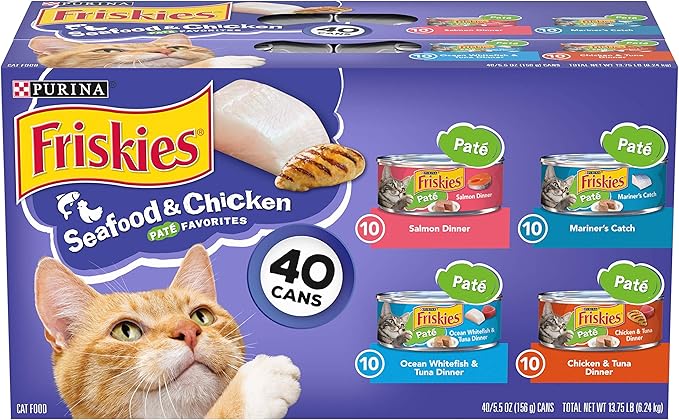 Purina Friskies Pate Wet Cat Food Variety Pack Seafood and Chicken Pate Favorites 40ct VP - (Pack of 40) 5.5 oz. Cans