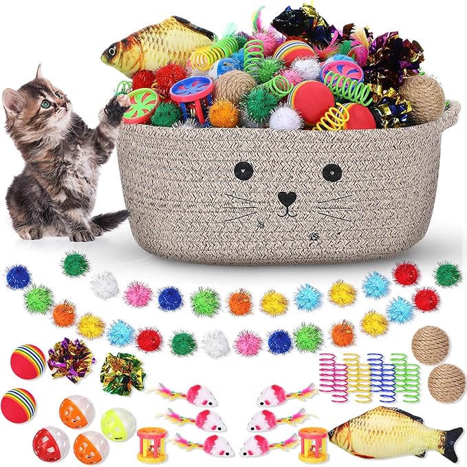 Zopeal 58 Pcs Valentine's Day Cat Storage Basket Gift Toys Set, Colorful Flashing Balls Pet Bell Crinkle Balls Spring Toys Attract Cat to Swat, Hunt, Interactive for Pet(Dark Brown,12 Inch)