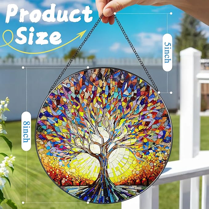 Stained Glass Window Hanging, 8 in Tree of Life Sun Catchers Indoor Window, Stained Glass Suncatcher, Gifts for Women, Her, Wife, Friend and Mom for Mother's Day, Christmas, Birthday