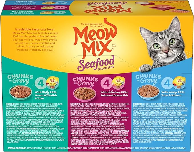 Meow Mix Seafood Favorites Chunks in Gravy Wet Cat Food Variety Pack, 2.75 Ounce (Pack of 48)