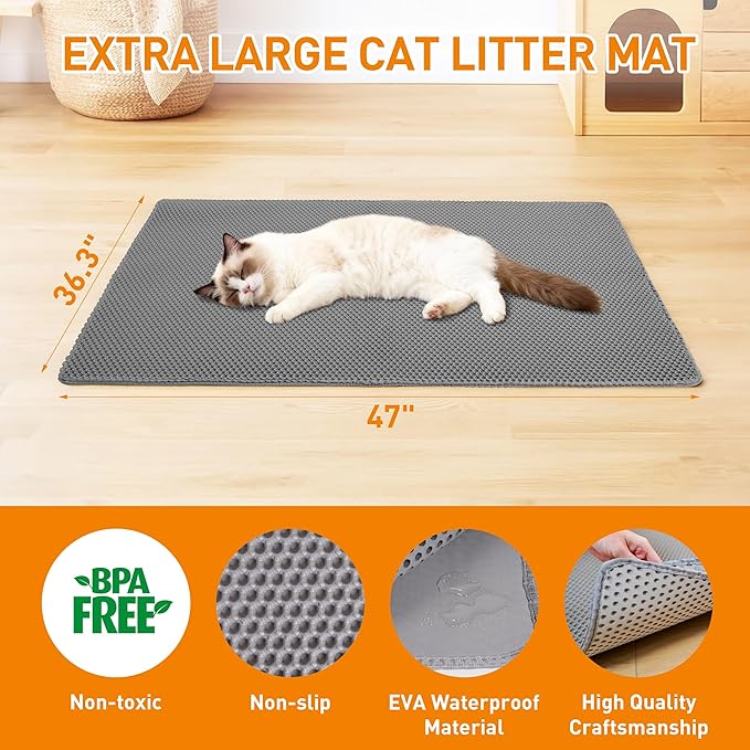 Large Cat Litter Mat for Litter Box, 47"×33" Double Layer Trapping Mat, Non-Slip Water Proof Kitty Litter Pad, Grey