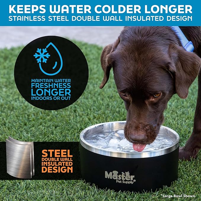 Master Pet Supply Stainless Steel Dog Bowls - 128 oz, Heavy Duty - Black Velvet, Double Wall Extra-Thick Insulated, Non-Slip Pet Water Bowl for Dogs, Cats & Pets, Anti Rust Metal, Dish Washer Safe