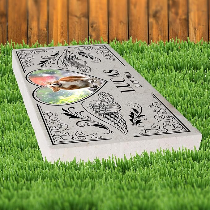Personalized Pet Memorial with Keepsake Photo on Limestone - Headstones, Garden Stones, and Grave Markers for Dogs - Dog Memorial Stone, Pet Memorial Gifts - 12”x 6”x1.25" (B. Lucas Design)