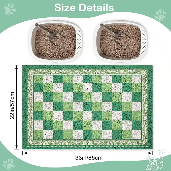 Bienbee Cat Litter Mat, 33" x 22" Waterproof Litter Box Mat Litters Rug with Non-Slip Bottom, Easy to Clean Litter Trapping Mat for Cat,Green Checkerboard L