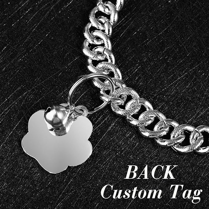 Hillban Cat Collar Diamond Chain Glitter Collar Walking Metal with Secure Buckle Cat Pet Necklace with Paw Charm and ID Tag Bell Link Cuban Jewelry Accessories Gift(10 Inch,Silver,Lake Blue)