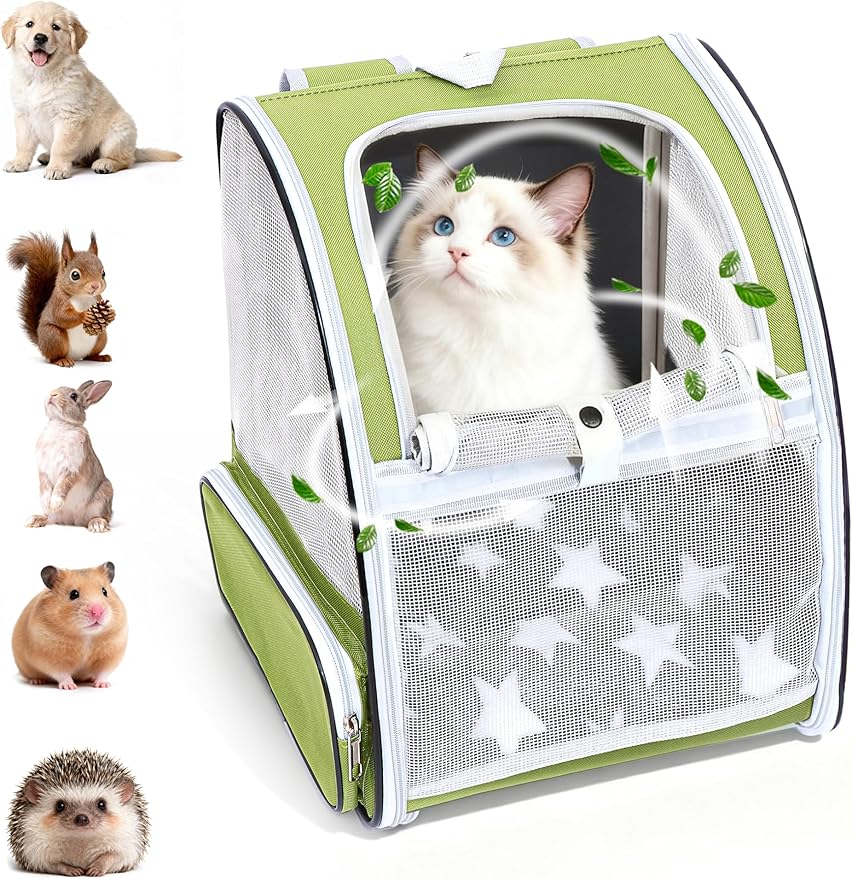 Green Cat Backpack Carrier with Washable Crate Bed Mat Breathable Cat Carrier Large Space for Medium Small Dog Puppy Kitty Bunny Ventilated Mesh Pet Backpack for Cats Travel Hiking Walking Outdoor Use