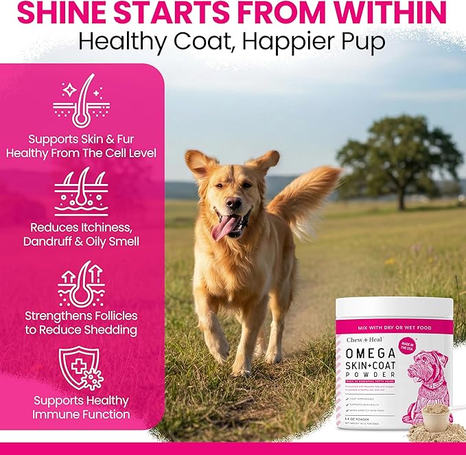 Omega 3 Powder for Dogs - 5.4 oz of Dog Powder Supplement for Skin and Coat - Made with Omega 3, 6, and 9 Fatty Acids, Biotin, and Vitamin C - Made in the USA