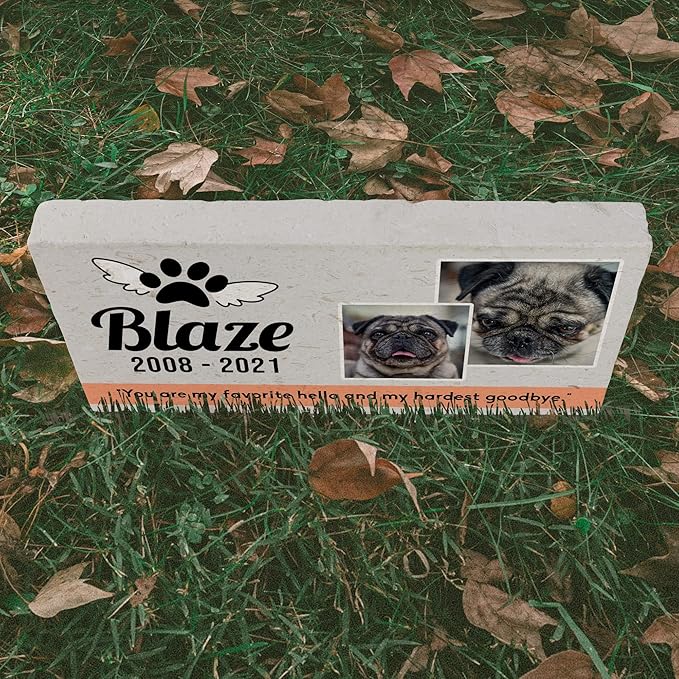 Personalized Pet Memorial with Keepsake Photo on Limestone - Headstones, Garden Stones, and Grave Markers for Dogs - Dog Memorial Stone, Pet Memorial Gifts - 12”x 6”x1.25" C (C. Blaze Design)