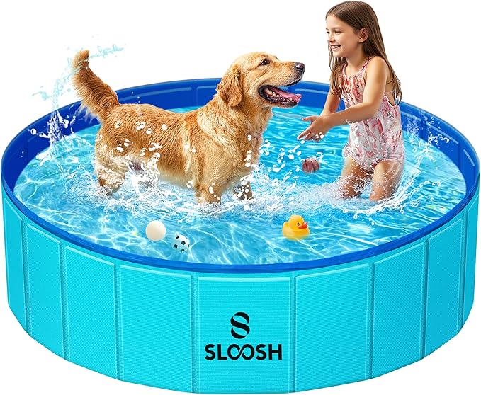SLOOSH Foldable Dog Kiddie Pool - Portable Hard Plastic Doggie Swimming Pool, Anti-Slip Collapsible Pets Bath Tub Suitable for Kids Indoor Outdoor Backyard Use (Blue, 48" x 12")