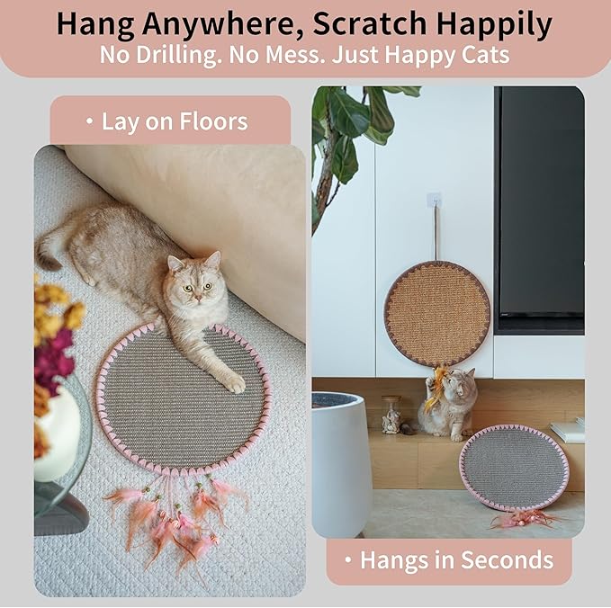 Cat Scratcher Mat for Indoor Cats Modern Carpets Nature Sisal Feather Tassel Round Horizontal Floor Wall Mounted Cat Scratching Pads Furniture Protector for Wall Couch Sofas