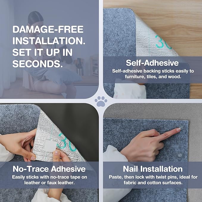 2 Pack Cat Scratcher Mat Roll for Furniture & Couch Protection | Total 157.5" x 15.8" Trimmable Self-Adhesive Carpet Cat Scratch Pad Replacement (Light Grey)